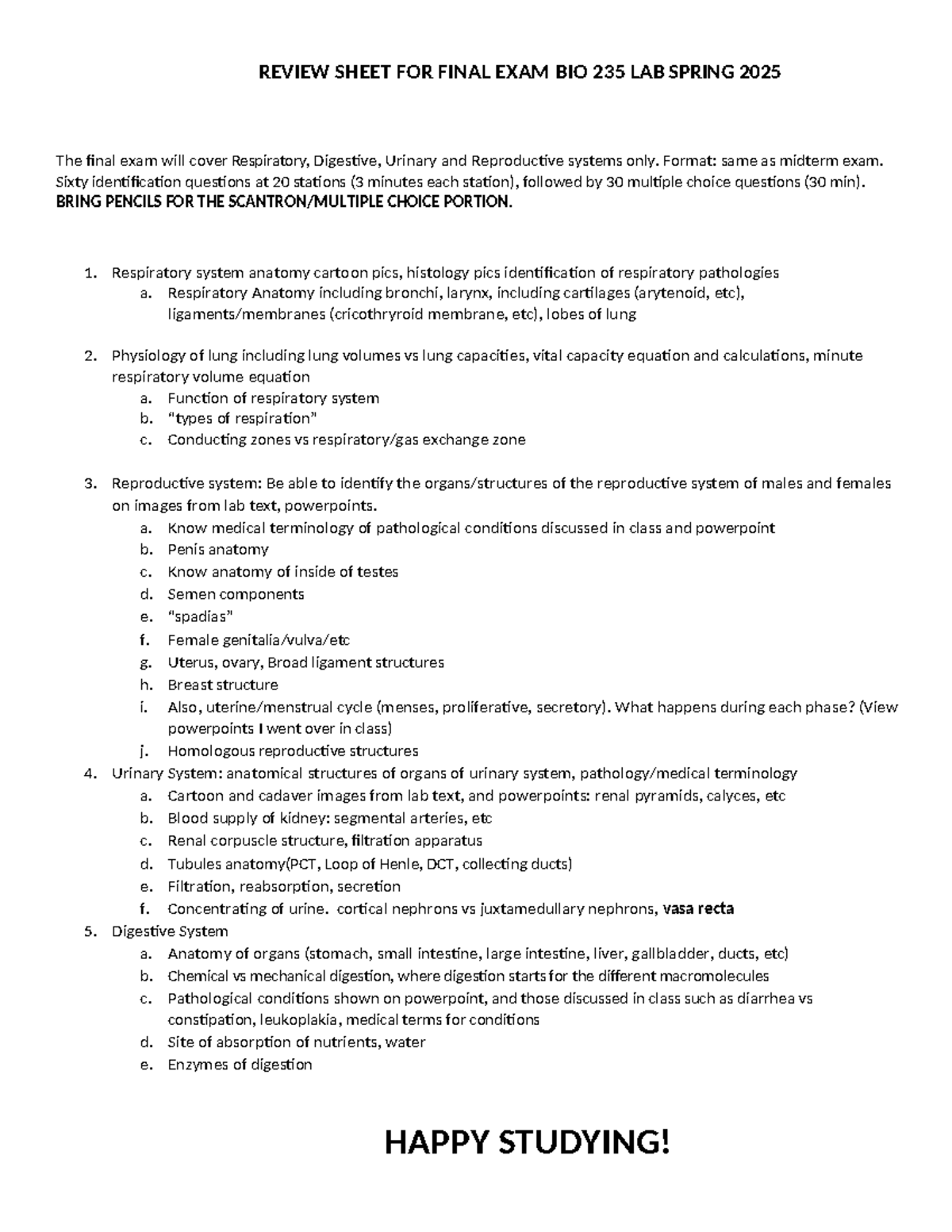 Study Guide for Final Exam BIO 235 Lab Spring 2025 - Studocu