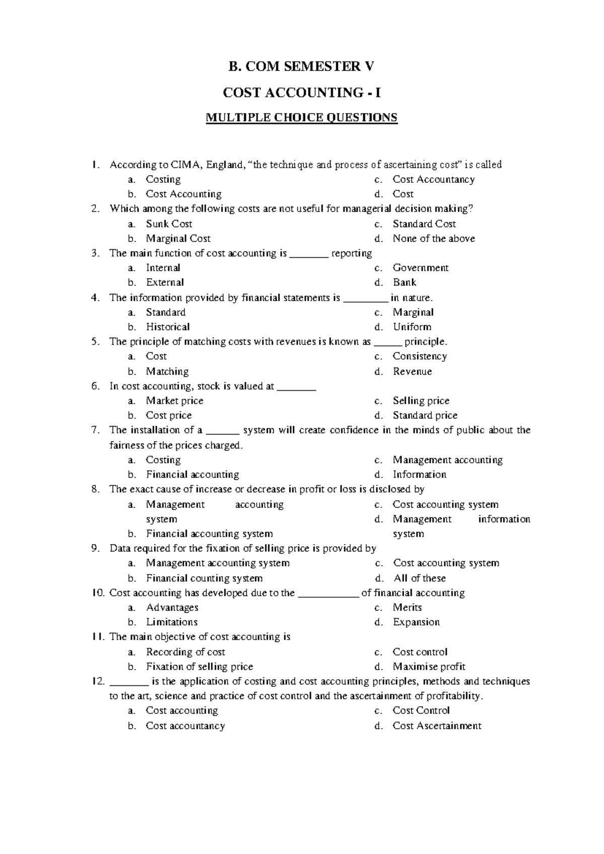 Cost Accounting I B Com Sem 5 mcq - B. COM SEMESTER V COST ACCOUNTING ...