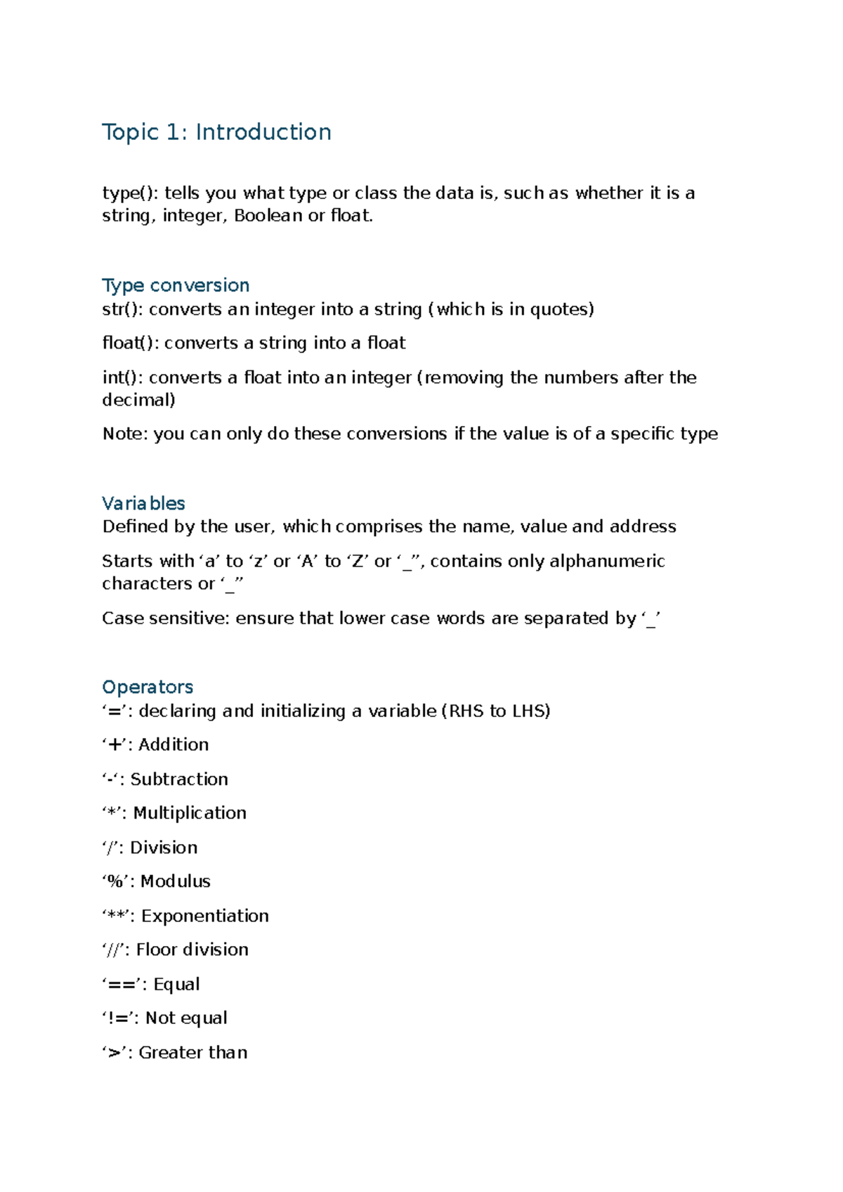 CS Lecture notes - Topic 1: Introduction type(): tells you what type or ...