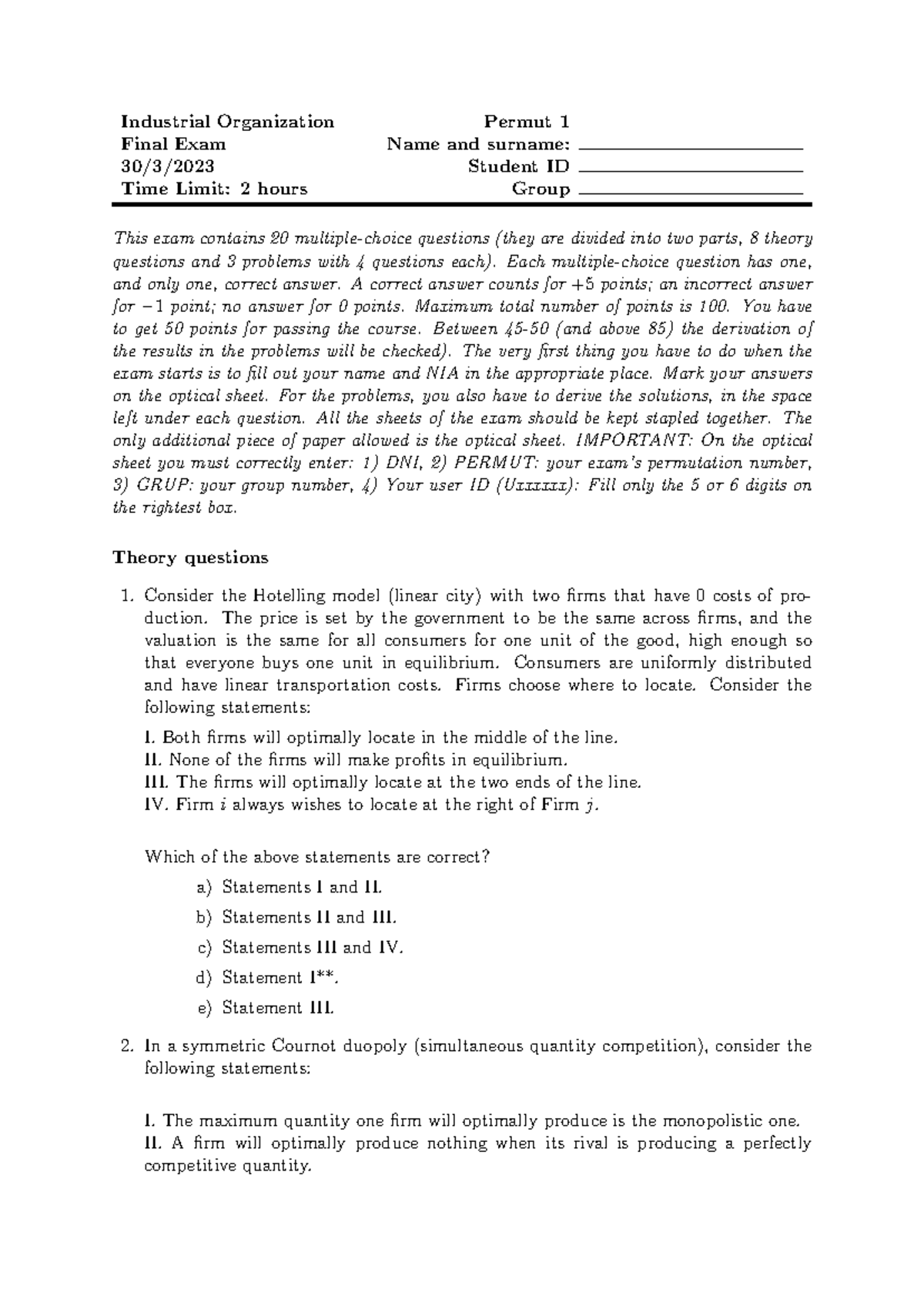 Industrial Organization (PERMUT 1) Final Exam Guide 2023 - Studocu