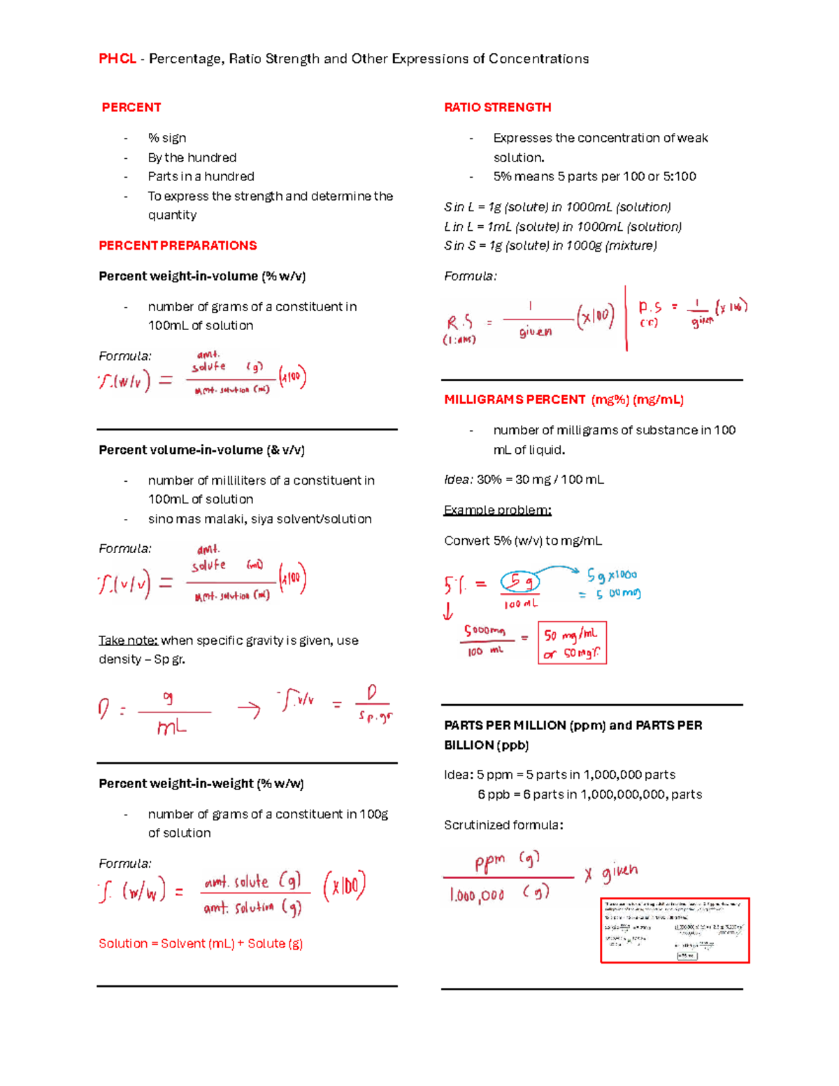 PHCL - Concentration Expressions: Percent, Ratio Strength & More - Studocu