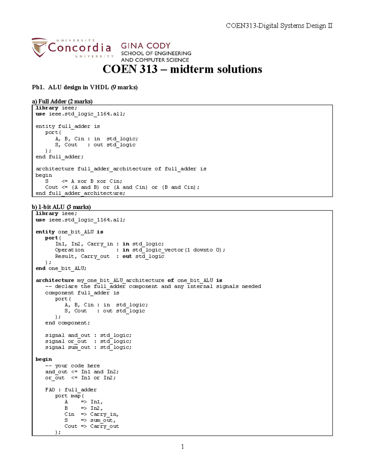 Midterm Solutions for Systems Design II COEN 313 - VHDL ALU Design ...
