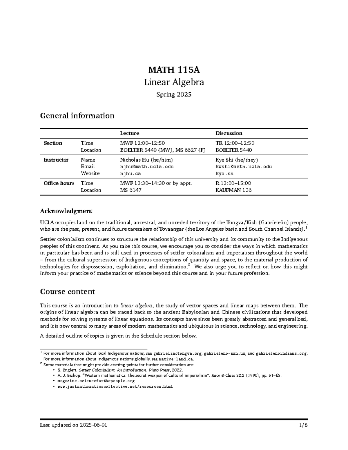 MATH 115A Linear Algebra Spring 2025 Syllabus and Course Overview - Studocu