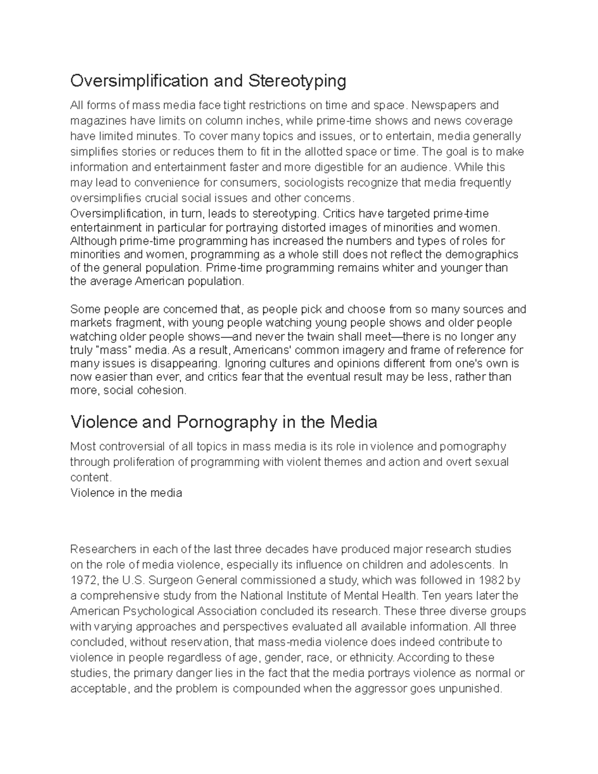 Media Representation: Oversimplification, Stereotyping, and Violence ...