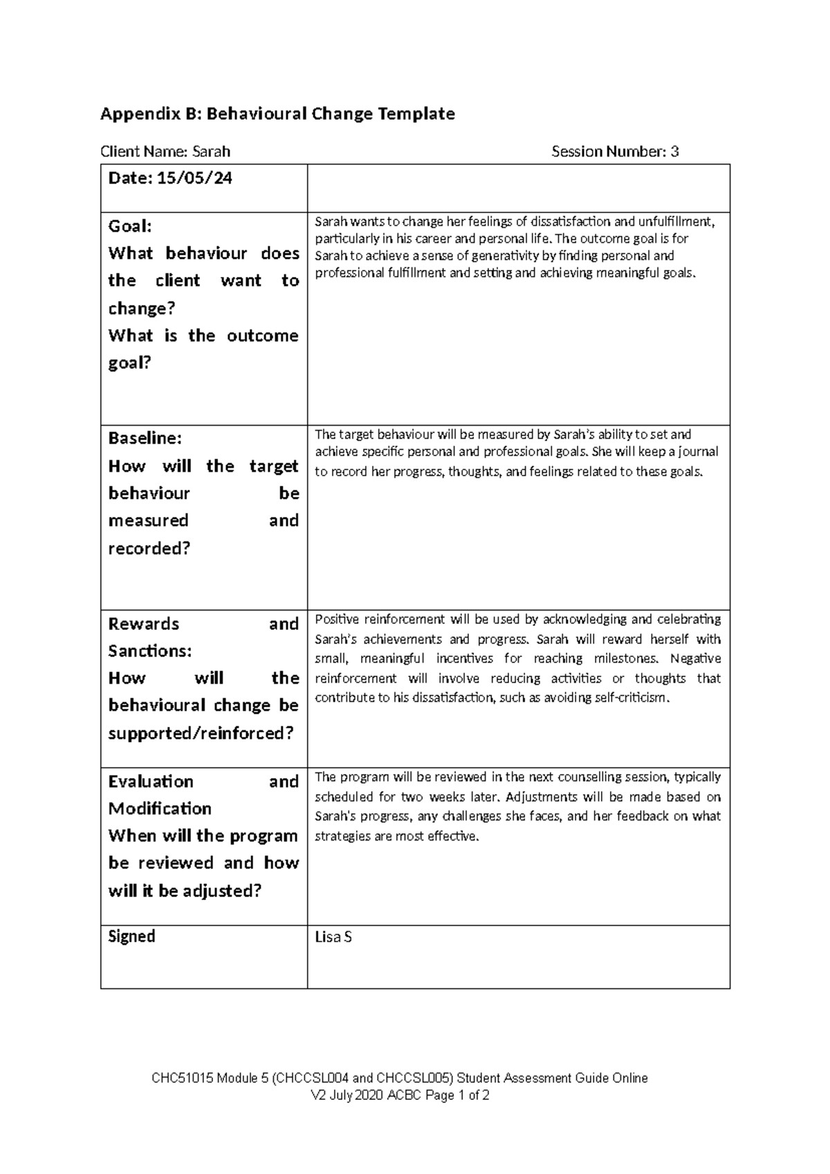Appendix B: Behavioural change template for Sarah's session 3 - Studocu