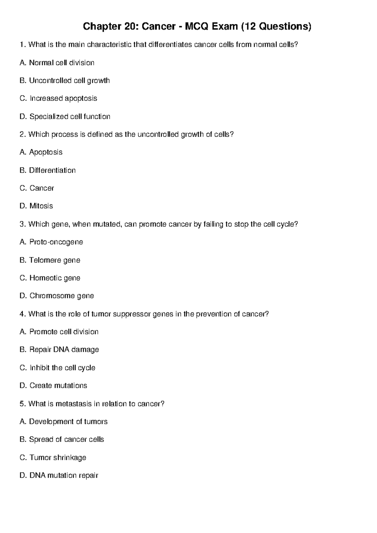 Chapter 20: Cancer MCQ Questions and Answers for Exam Preparation - Studocu