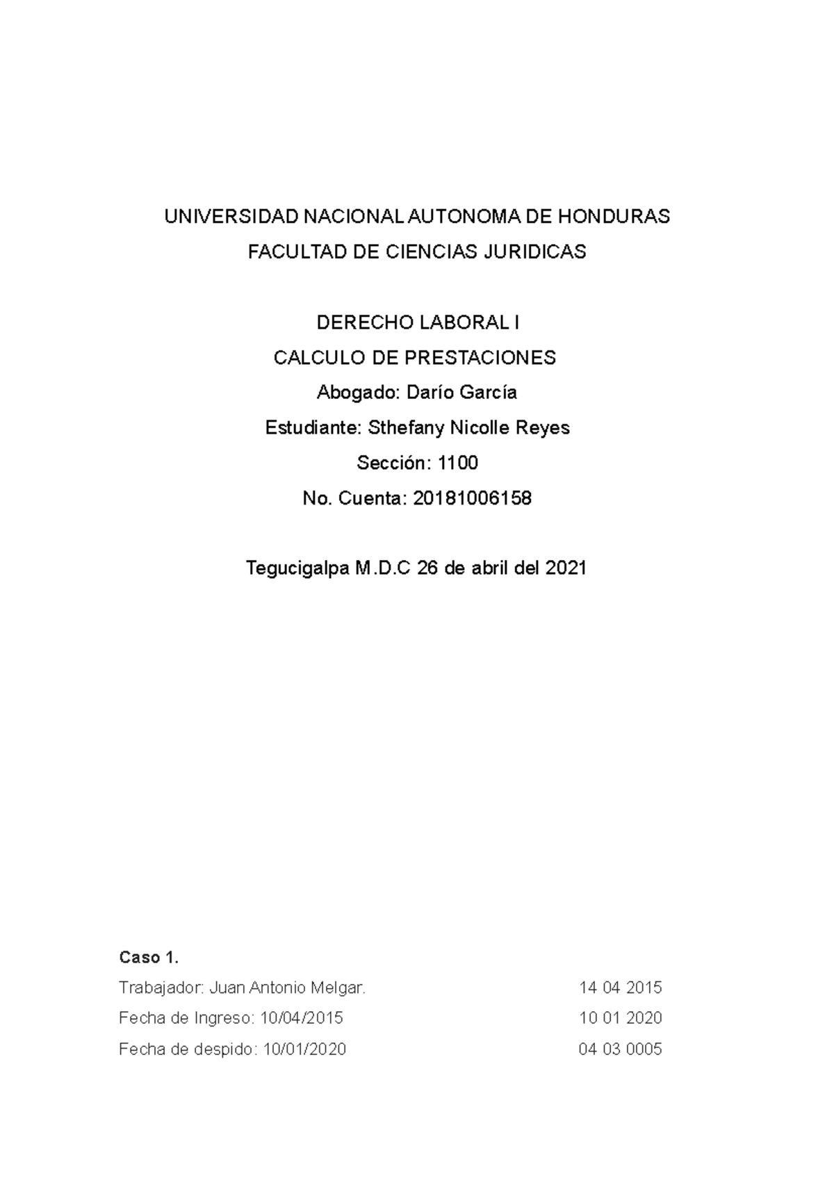 Ejercicios de Cálculo de Prestaciones - Derecho Laboral I - Document Preview