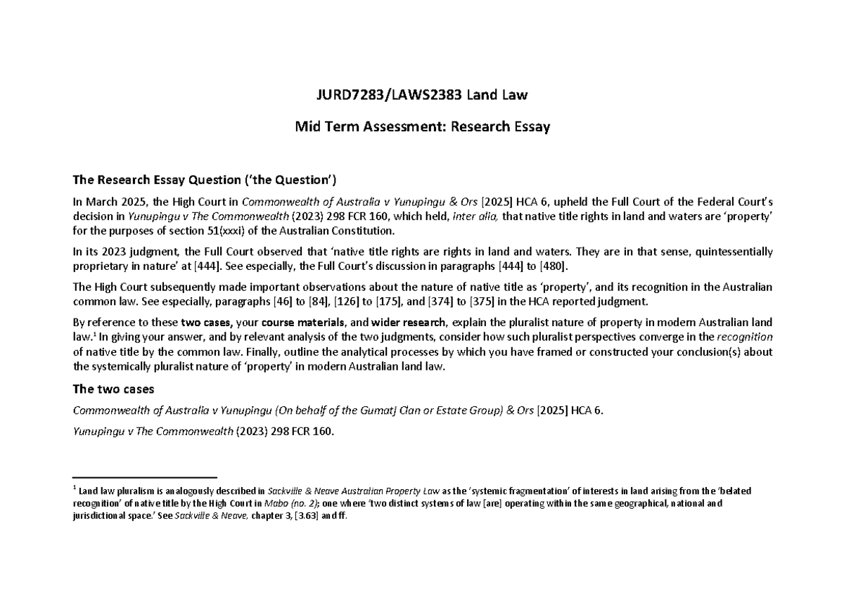 Land Law T2 2025 Midterm Assessment: Pluralism in Property Rights - Studocu