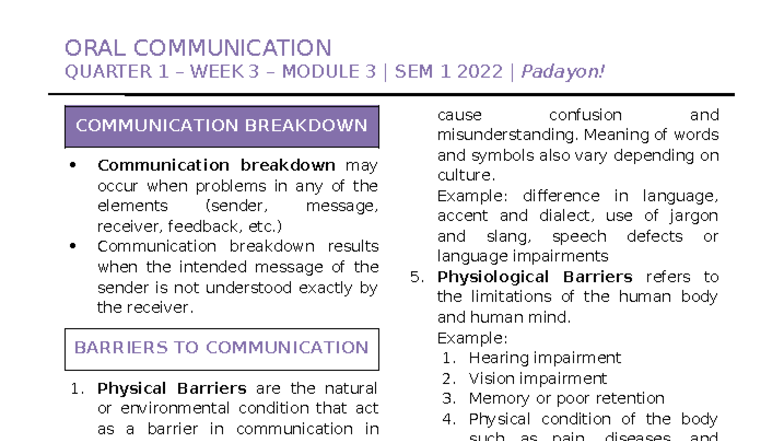 ORAL COMM 1: Week 3 Module 3 - Understanding Communication Breakdown ...