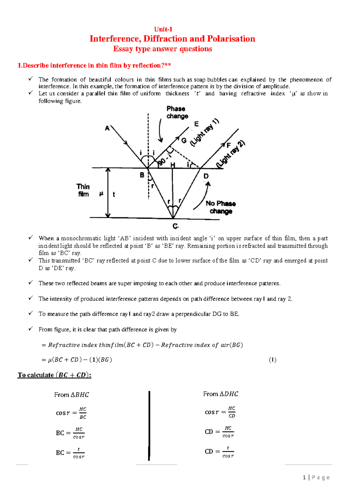 Final Exam: Interference, Diffraction & Polarisation - APH101 Notes ...