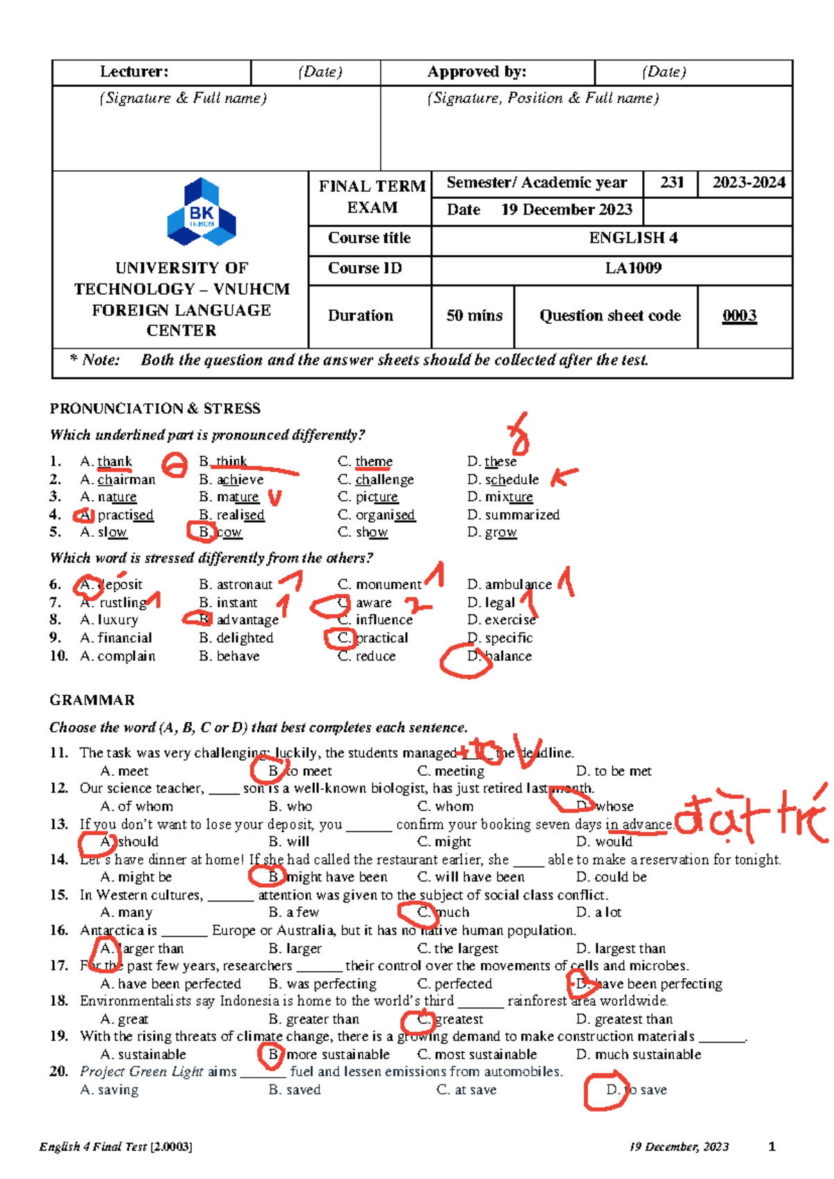 English 4 Final Exam LA1009 - Sample Test Questions - Studocu