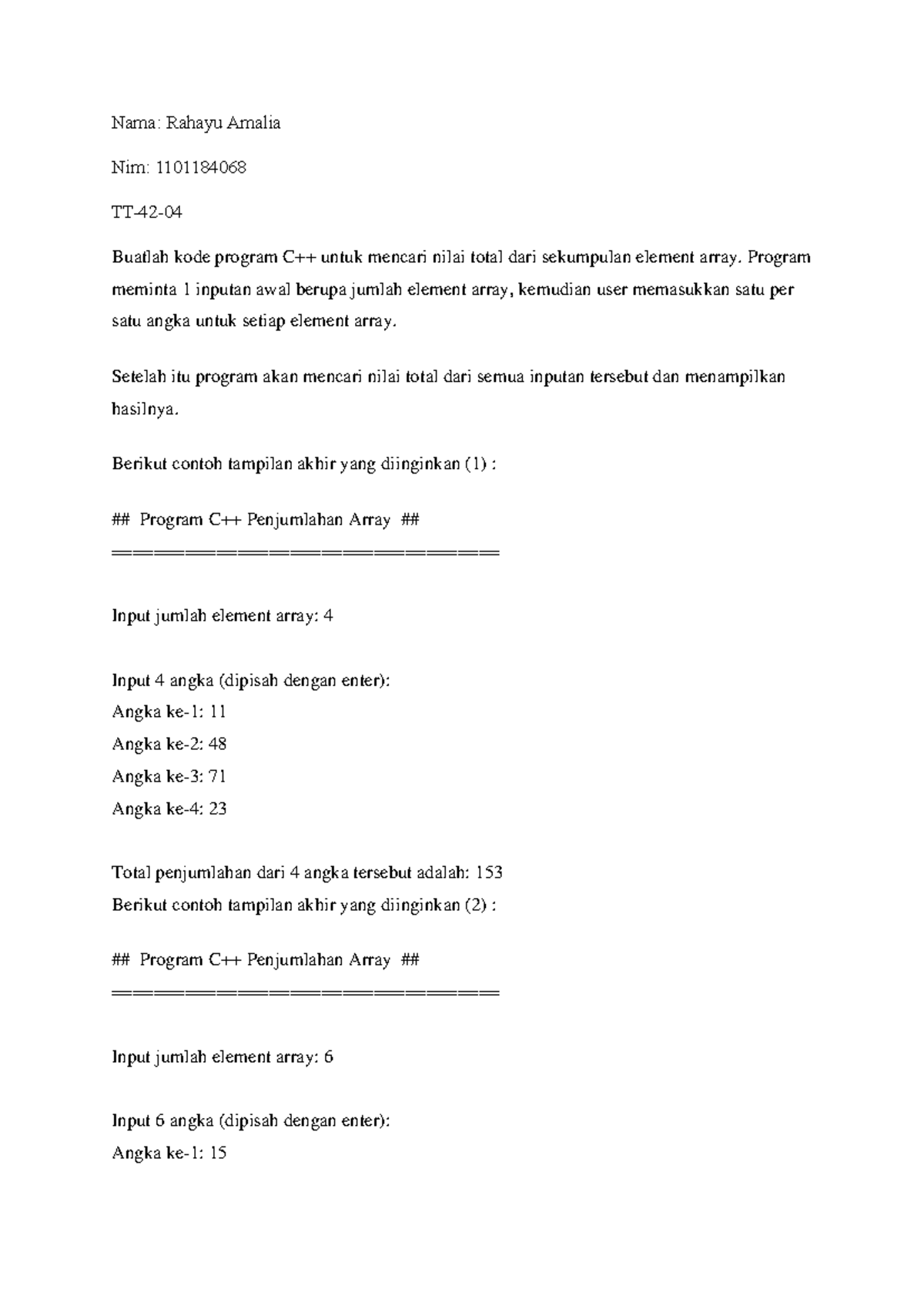 Tugas C++ TT-42: Penjumlahan Array - Program Input dan Output - Studocu