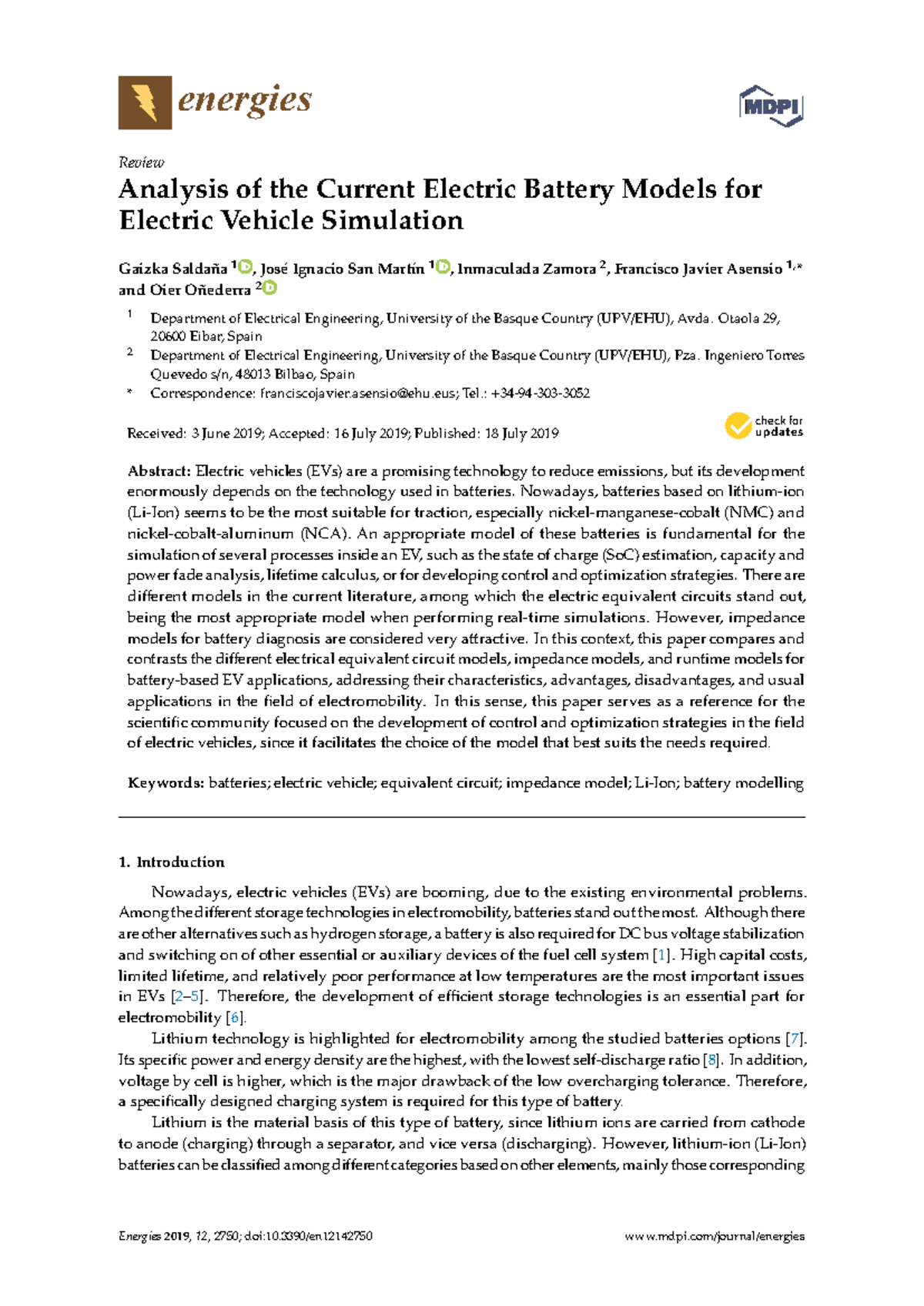 Analysis of Current Electric Battery Models for EV Simulation (ENGR ...