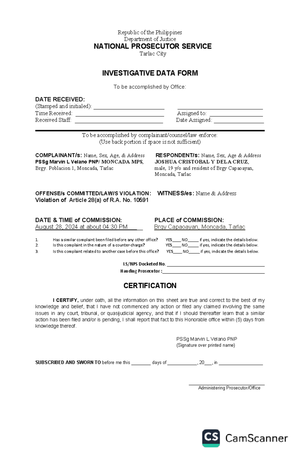 Idf - investigation date form - Republic of the Philippines Department ...