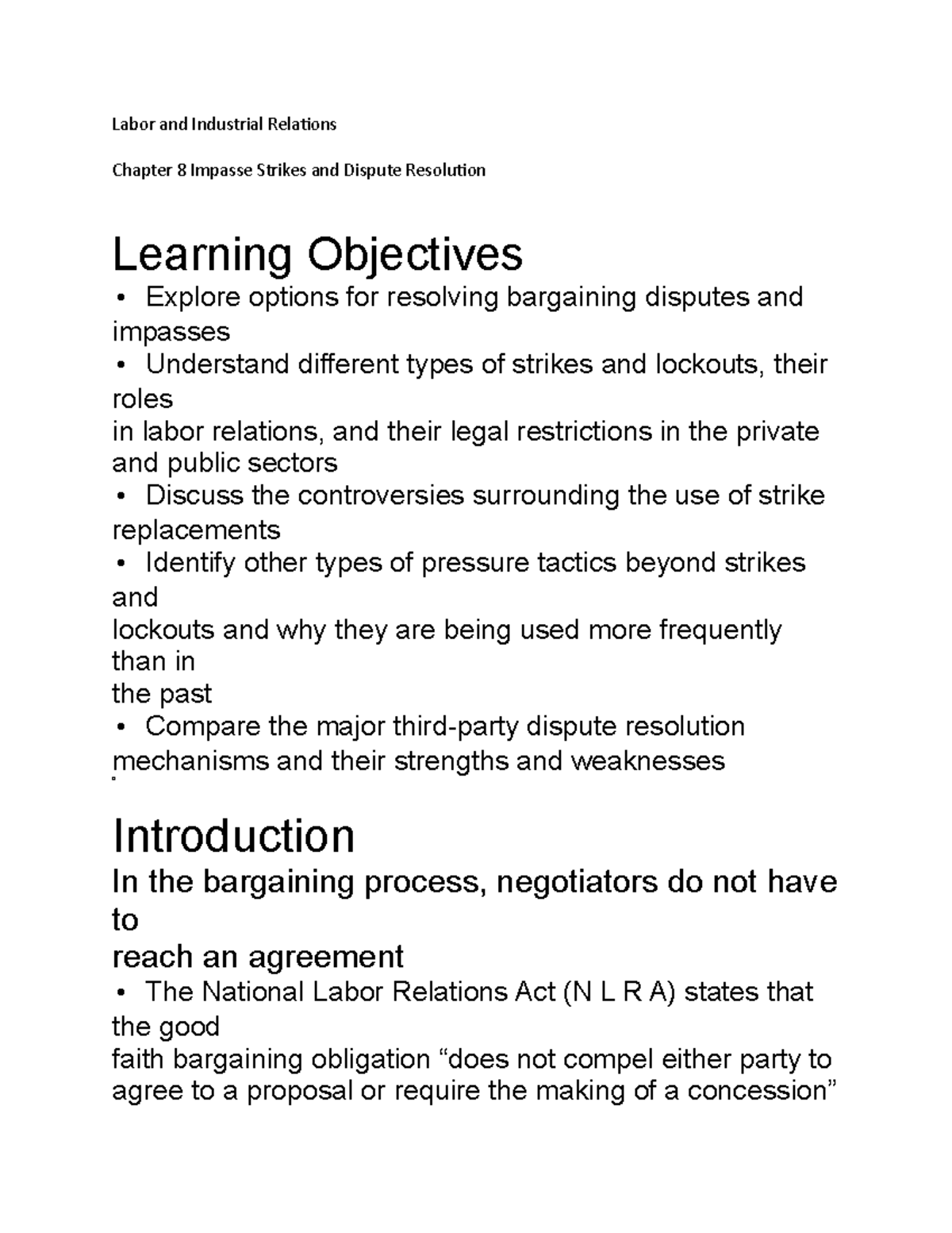 Labor Relations: Chapter 8 - Impasse, Strikes & Dispute Resolution ...