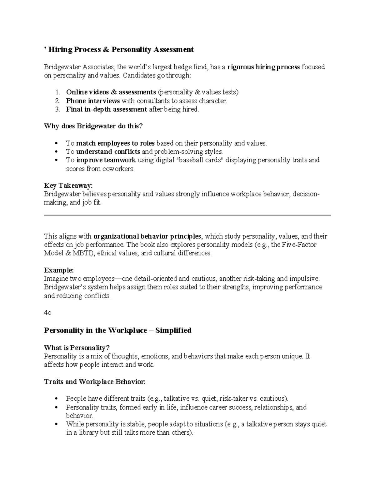 OB Cahpter 2 - Summary Organizational Behaviour - ' Hiring Process ...