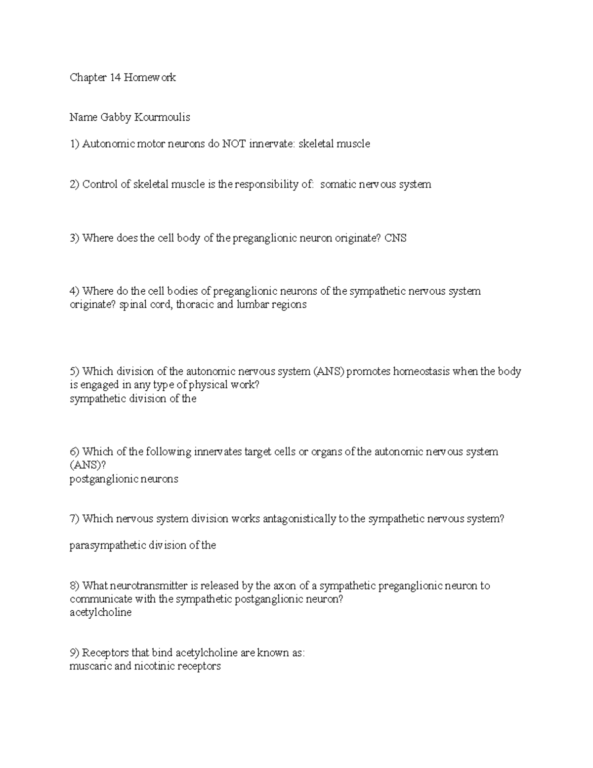 Chapter 14 Homework: Autonomic Nervous System Overview - Chapter 14 ...
