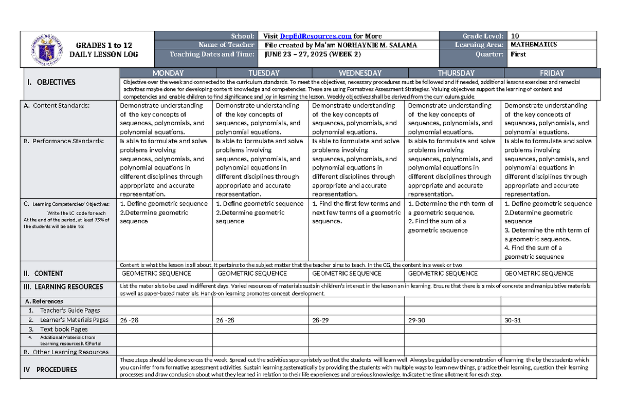 DLL Mathematics 10 Q1 W2: Geometric Sequences Lesson Plan - Studocu