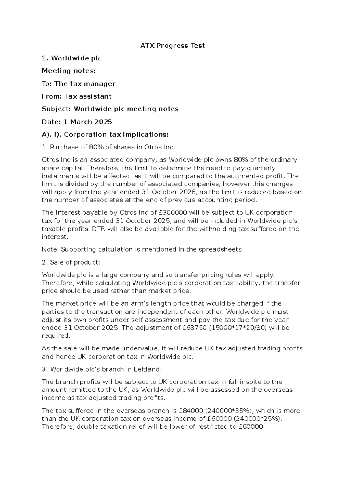ATX Progress Test 1: Worldwide plc Meeting Notes and Tax Implications ...