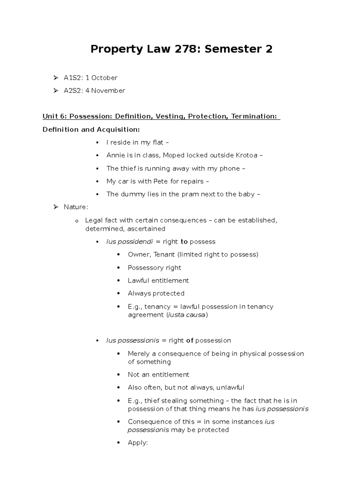 Property Law 278: S2 Notes on Possession, Rights, and Case Law - Studocu