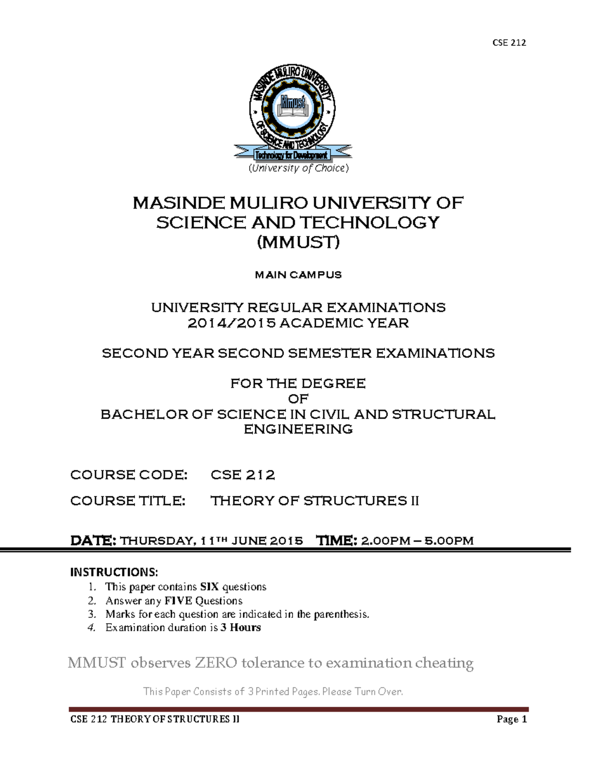 CSE 212 Final Exam: Theory of Structures II - MMUST 2015 - Studocu