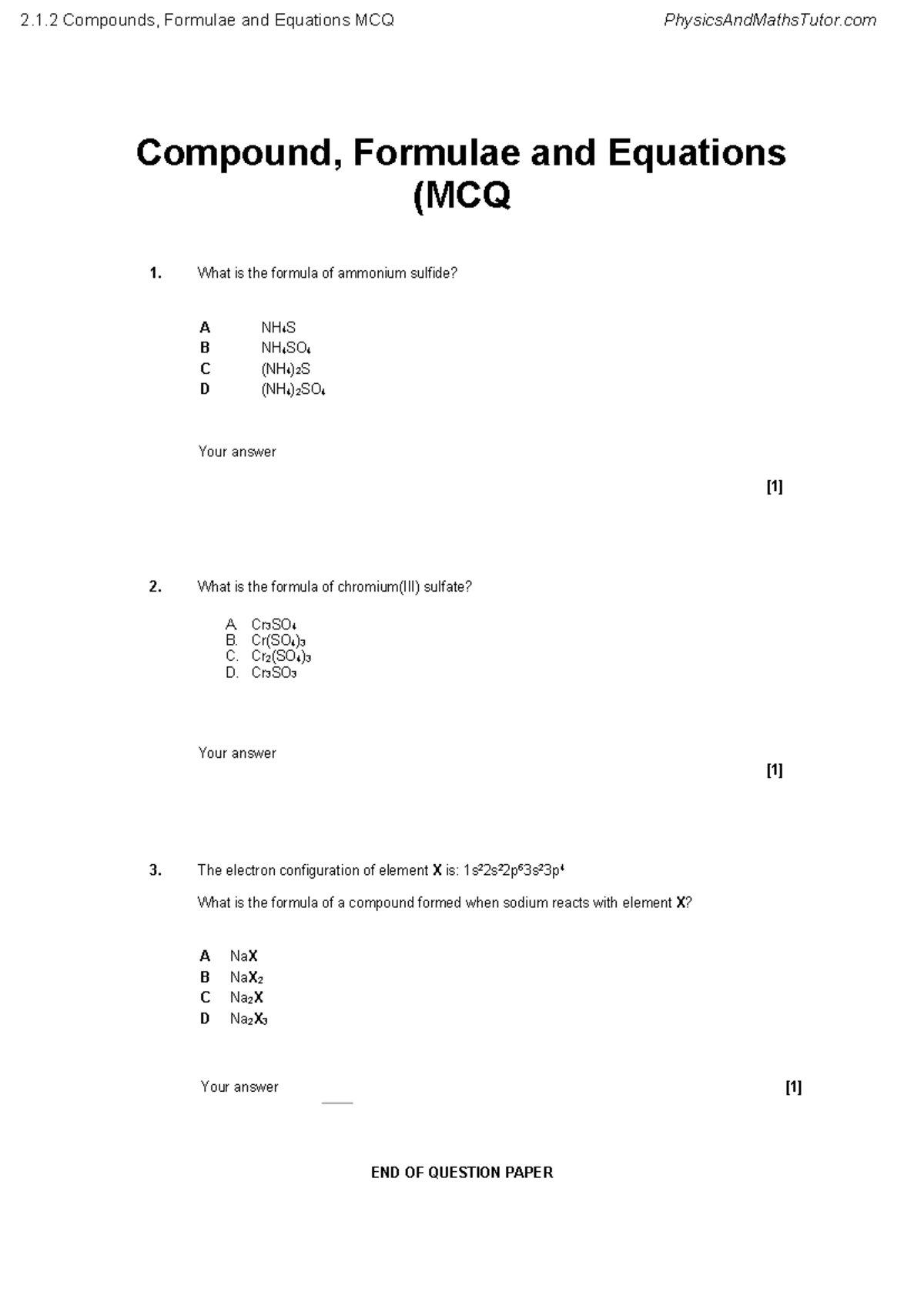 2.1.2 Compounds, Formulae & Equations MCQ for Physics & Maths - Studocu