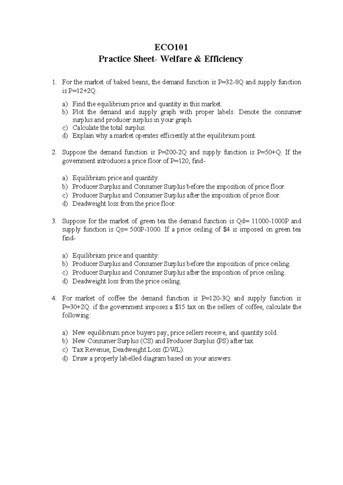 ECO101 Practice Set: Welfare & Efficiency Analysis - Studocu