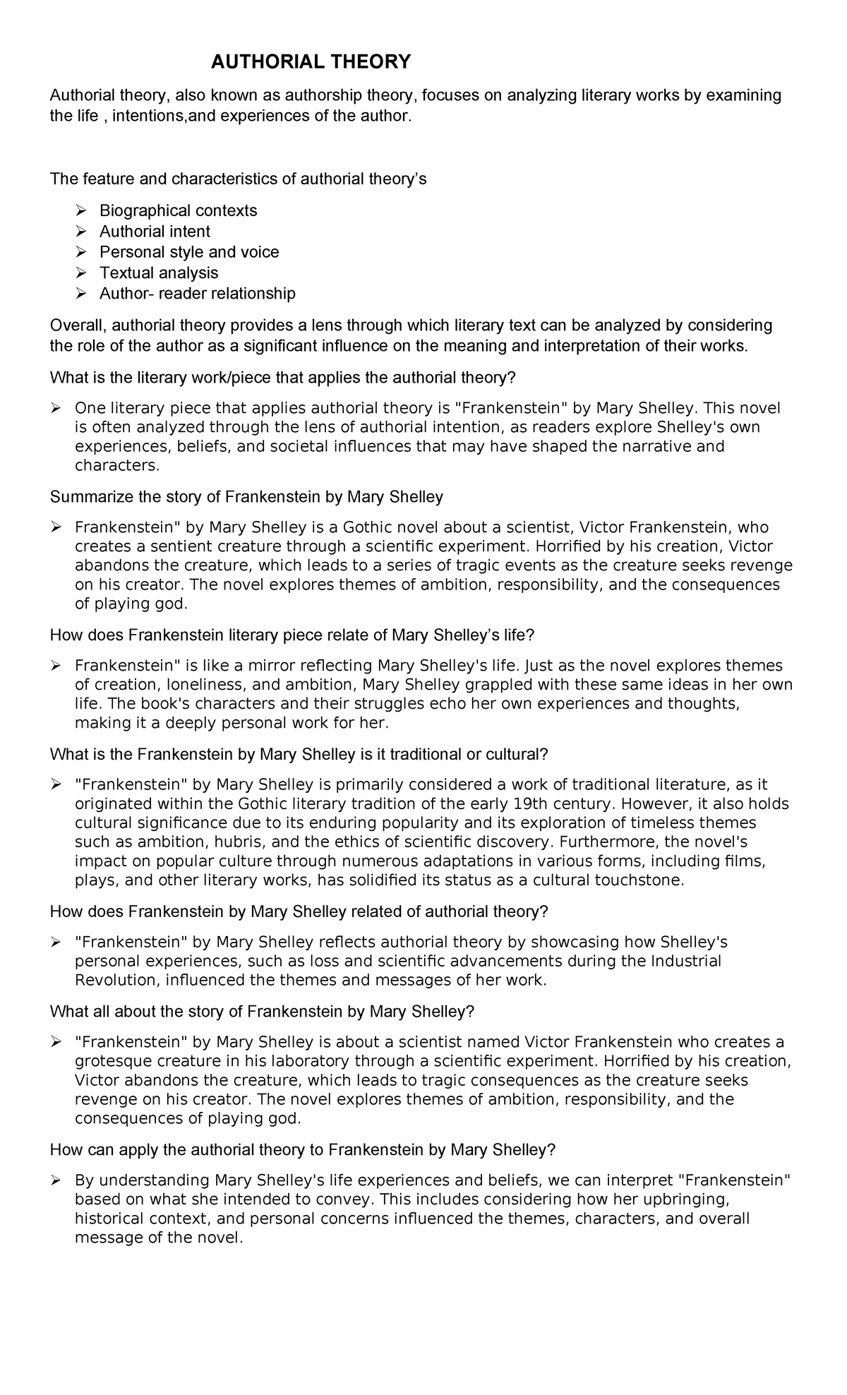 ENG 202: Authorial Theory and Its Application in Mary Shelley's ...