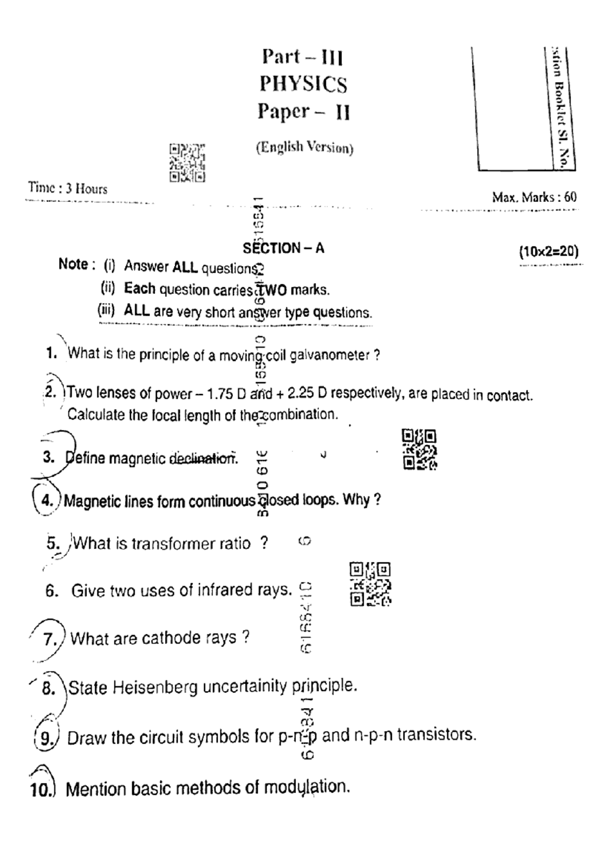 PHYSICS Paper II Question Booklet - Short Answer Questions - Studocu