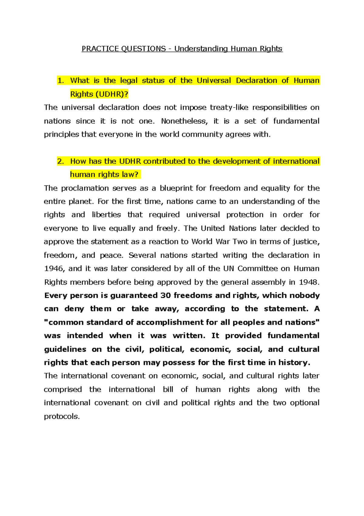 Practice Questions - Human Rights Law Overview and Insights - Studocu