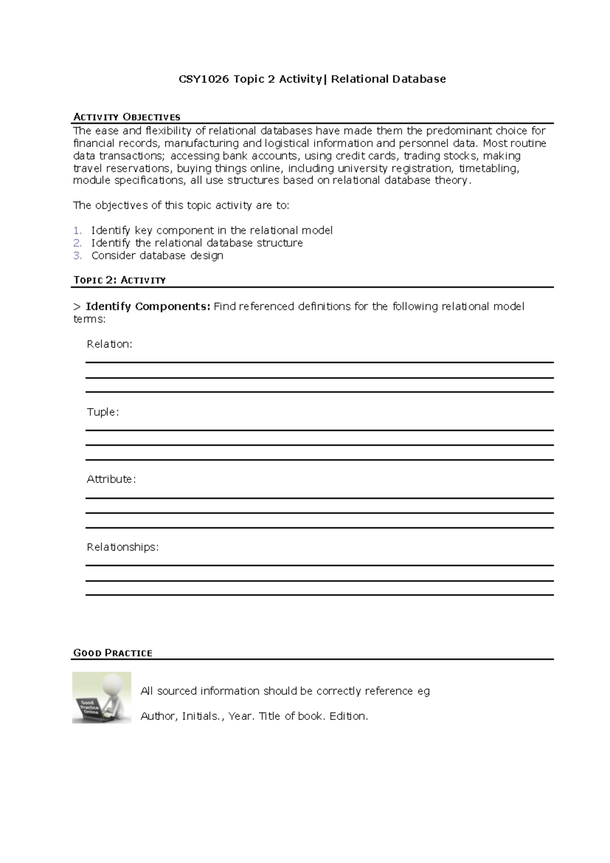 Activity 2 - CSY1026 Topic 2 Activity| Relational Database ACTIVITY ...