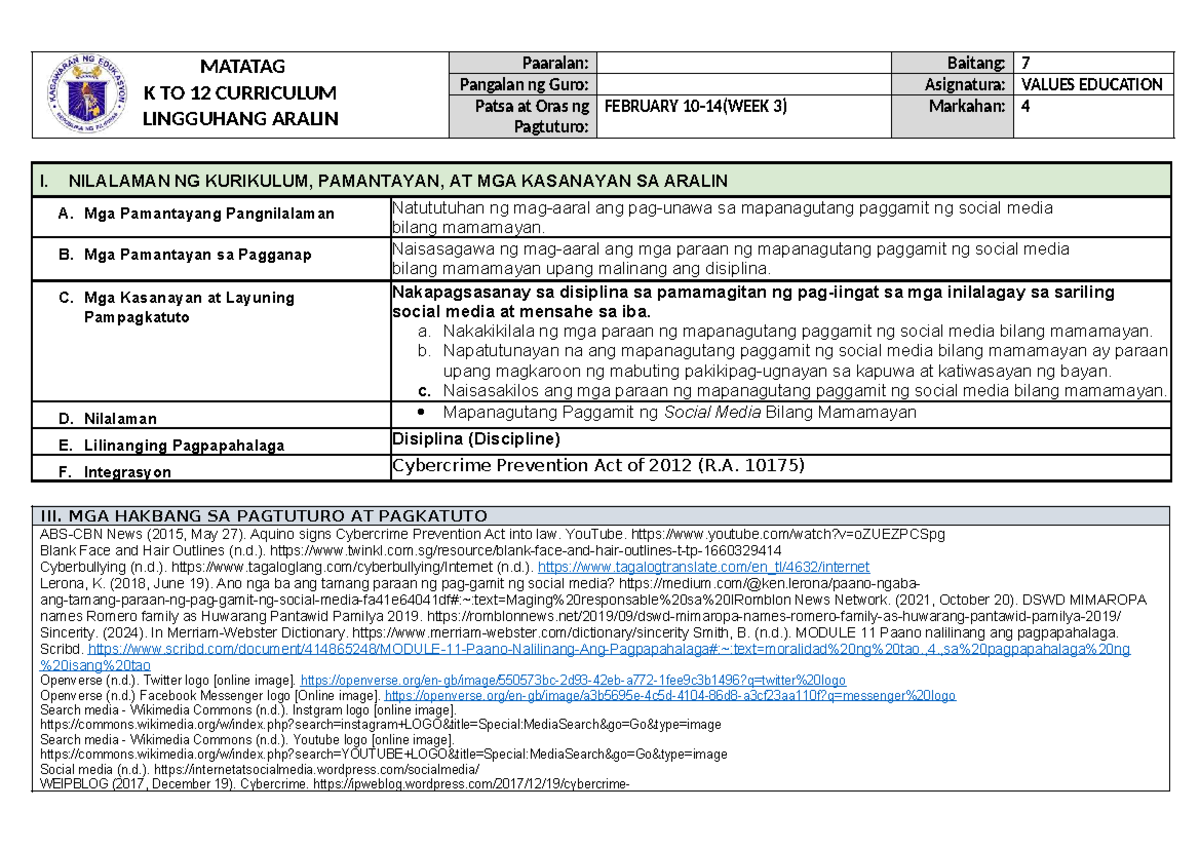 MATATAG K TO 12 CURRICULUM: VALUES EDUCATION GRADE 7 MODULE - Studocu