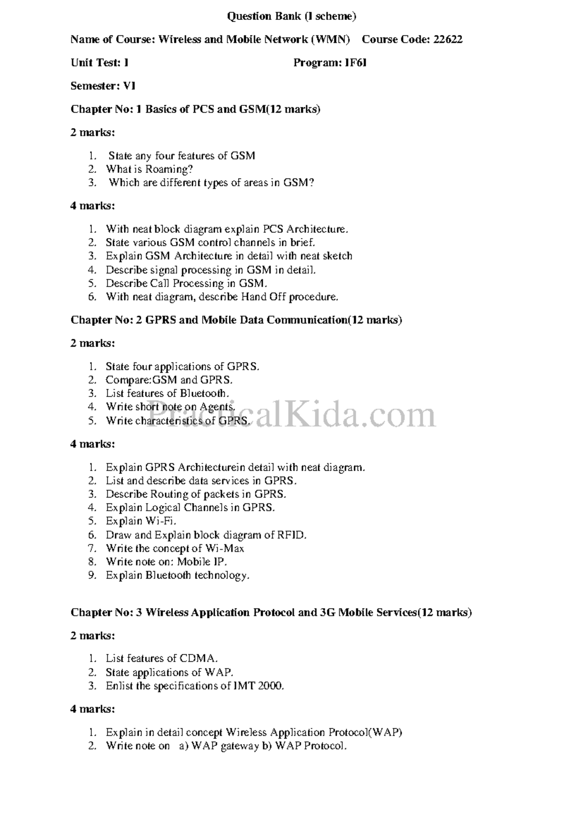 Wireless and Mobile Networks (WMN) Course Code 22 622 Question Bank ...