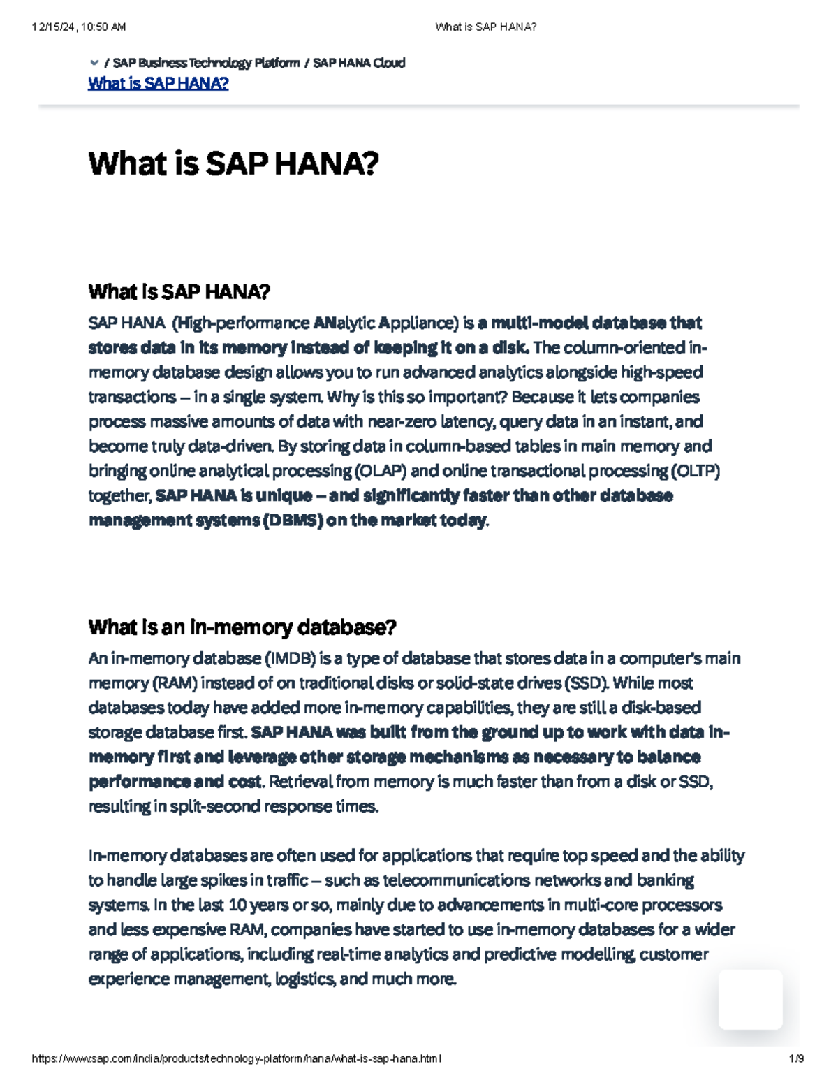 What is SAP HANA - SAP HANA Database overview - Wha is SAP HANA? Wha is ...