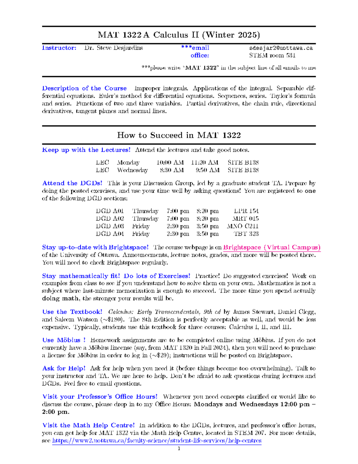 MAT 1322 A Winter 2025 Syllabus - Calculus II Course Outline - Studocu