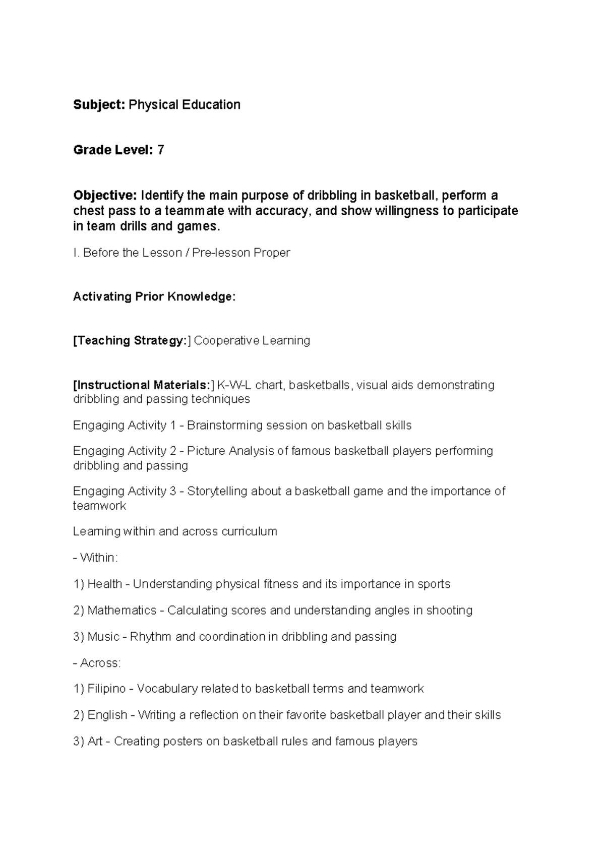 Lesson plan - Muahh - Subject: Physical Education Grade Level: 7 ...