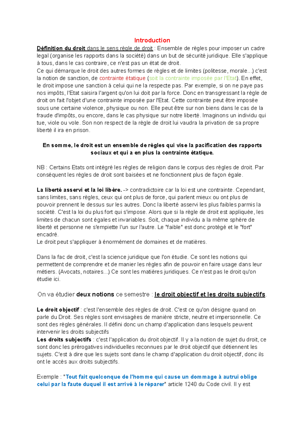 S1 - Introduction au Droit : Définition et Concepts Fondamentaux - Studocu