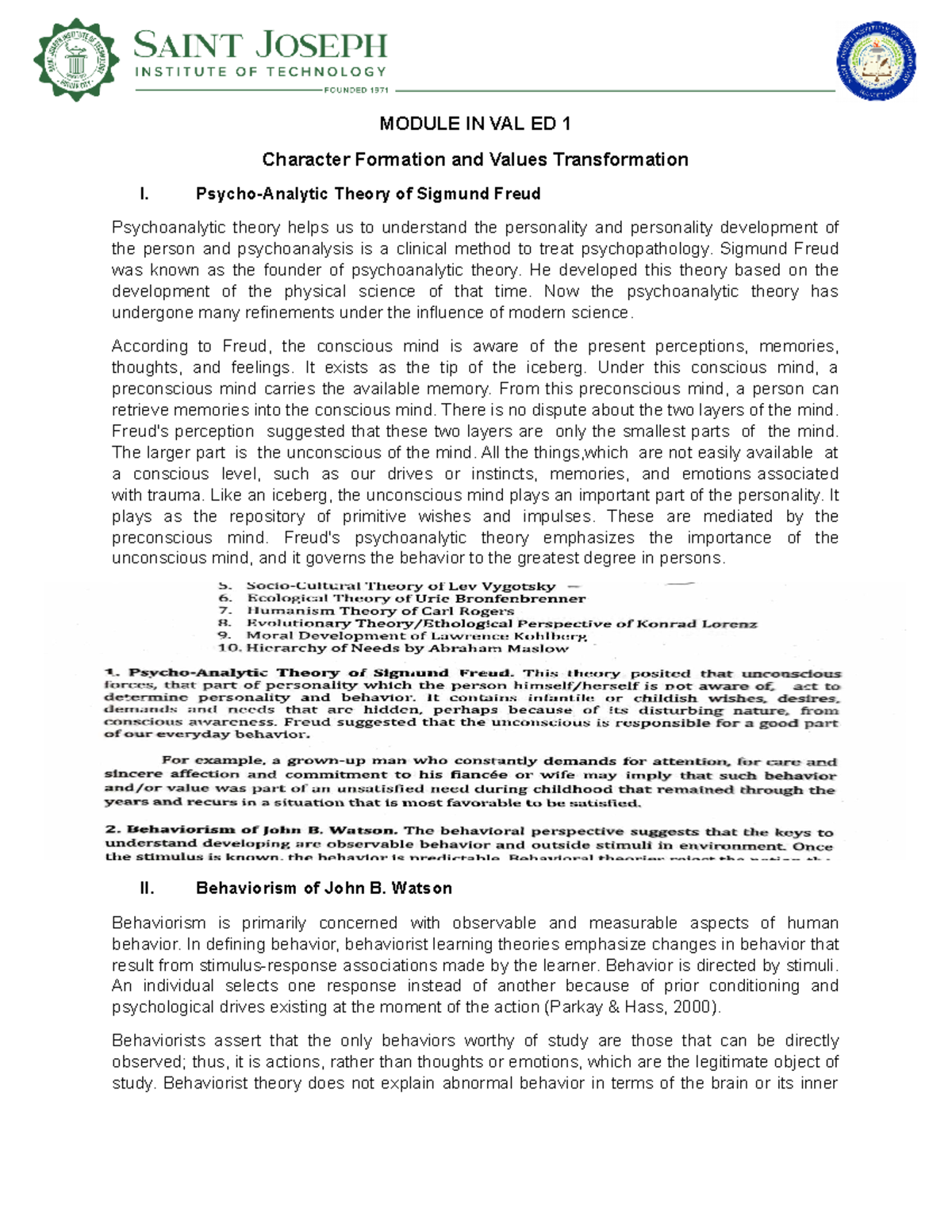 Module IN VAL ED 1 - Psychoanalytic & Behaviorist Theories in Values ...