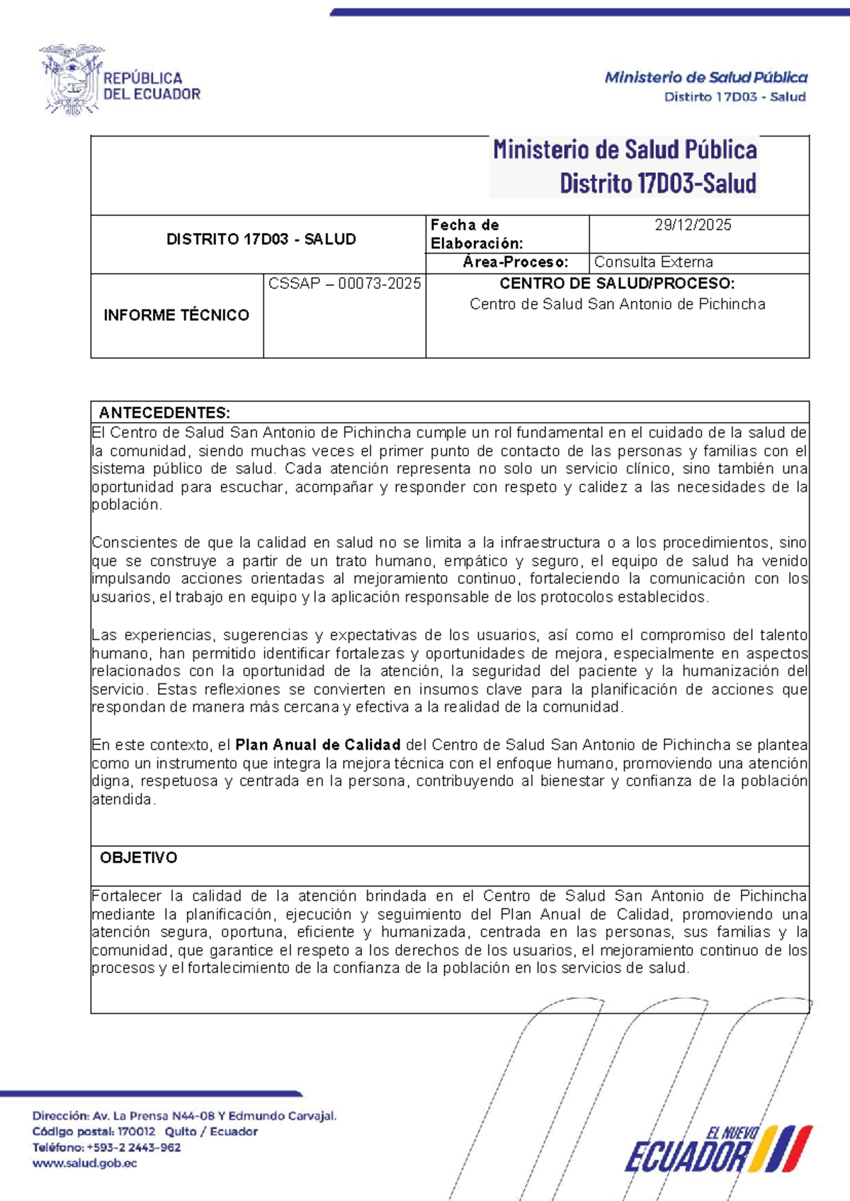 Informe Anual del Plan de Calidad 2025 - Centro de Salud San Antonio ...