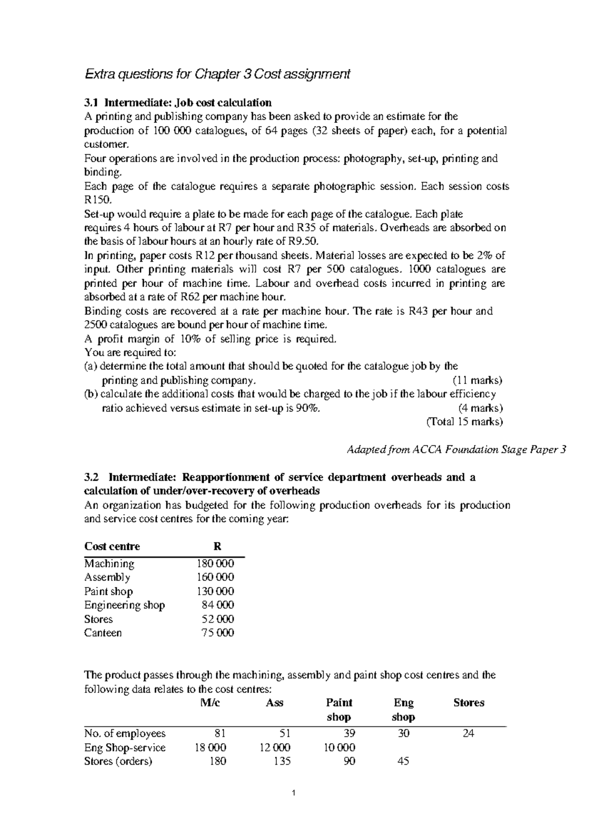 Extra Questions for Cost Accounting: Chapter 3 & 5 Practice (ACCA ...