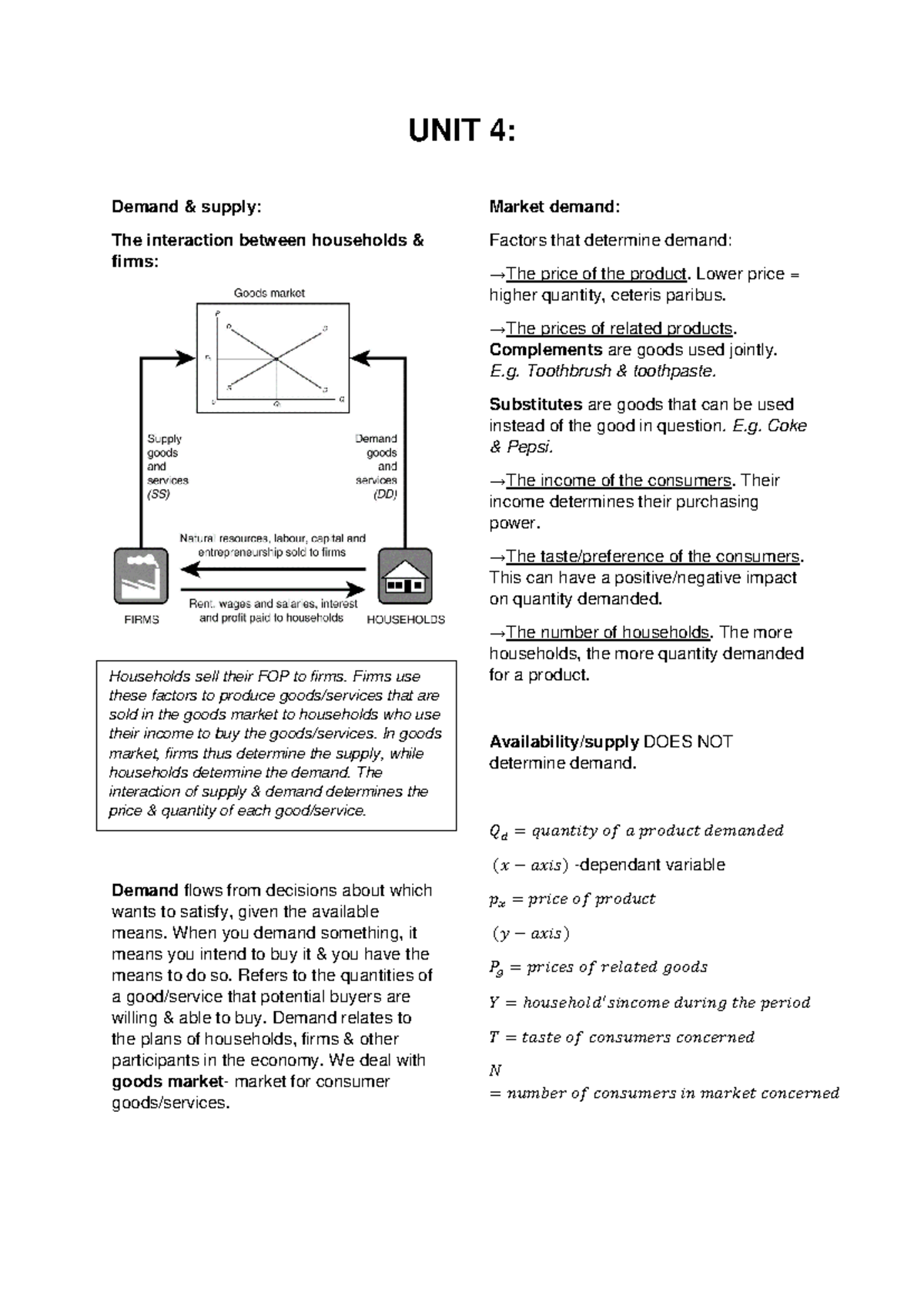 ECO 101 - Unit 4 Summary: Demand and Supply in Economics - Studocu
