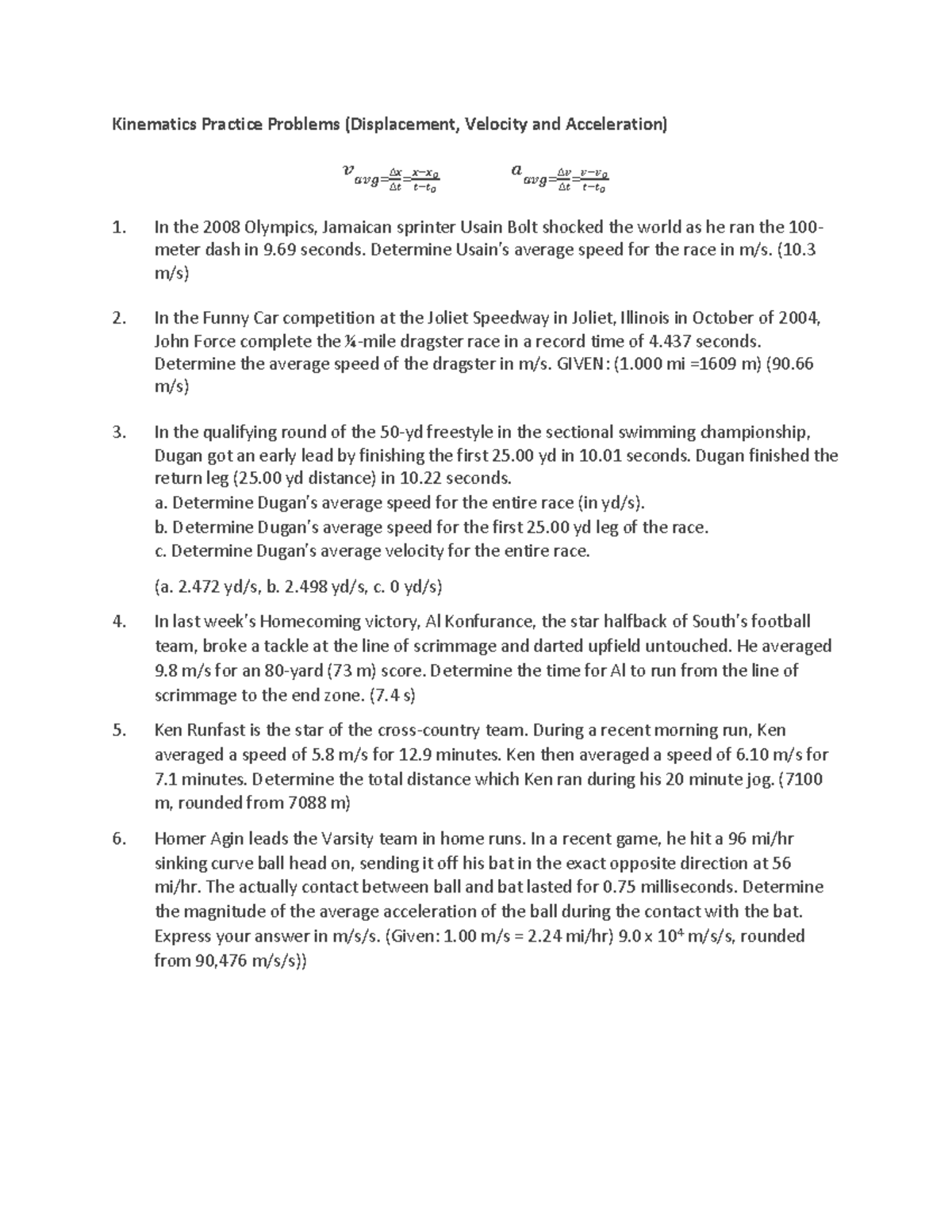 Kinematics Practice Problems Handout for Physics 101 - Studocu