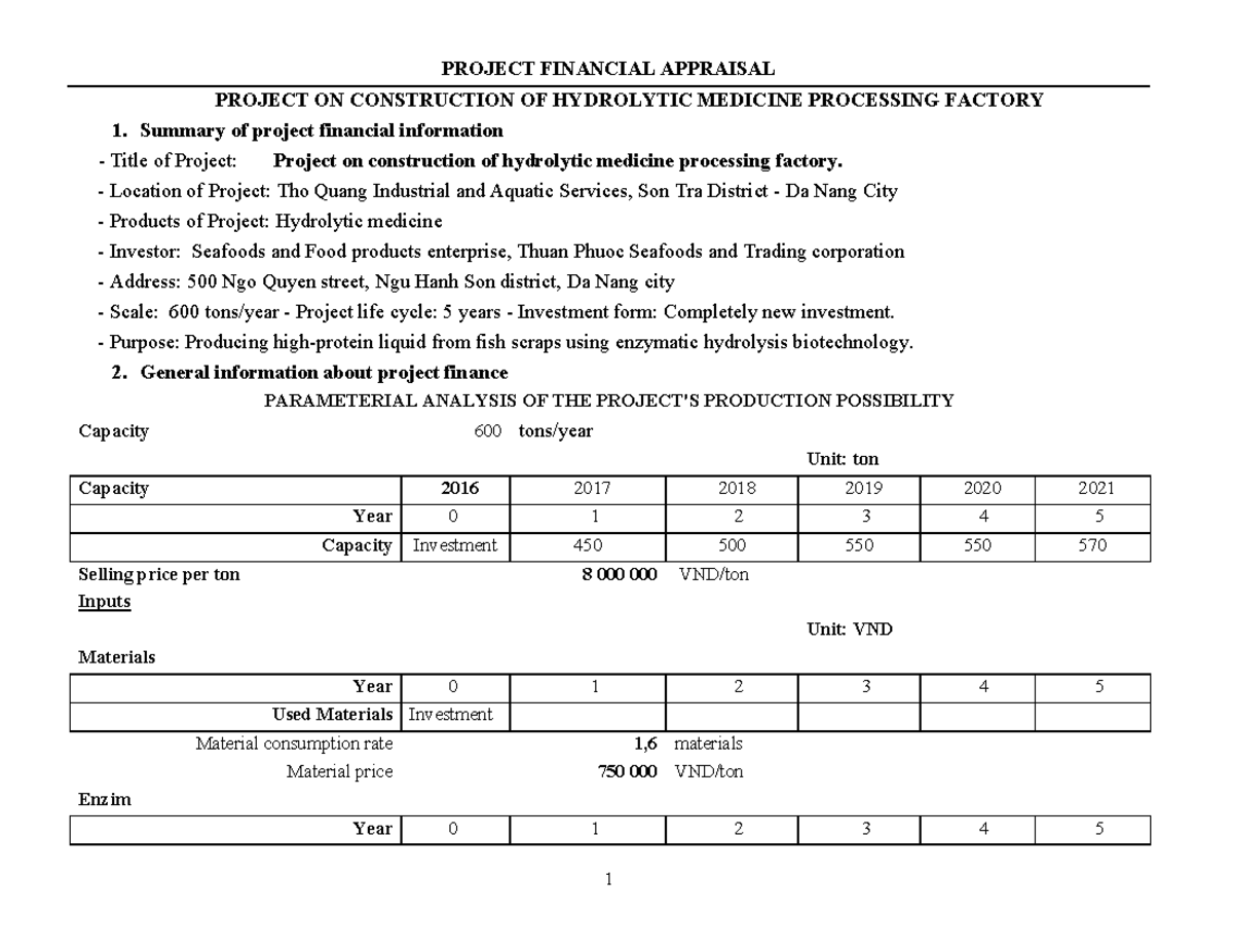 Project finance exercise - PROJECT FINANCIAL APPRAISAL PROJECT ON ...