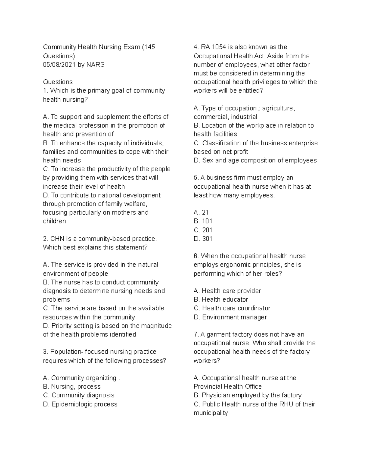 Comprehensive Community Health Nursing Exam Review (CHN 145 Questions ...