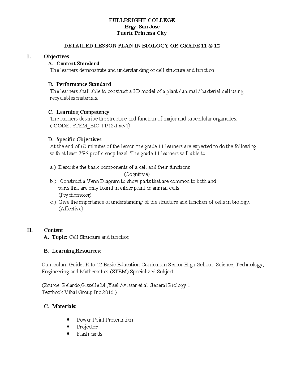 STEM_BIO 11/12 Detailed Lesson Plan on Cell Structure & Function - Studocu