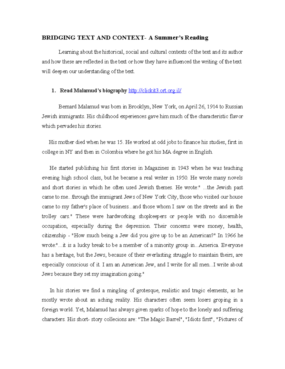Bridging Text and Context: Understanding Malamud's Influence SR - Studocu