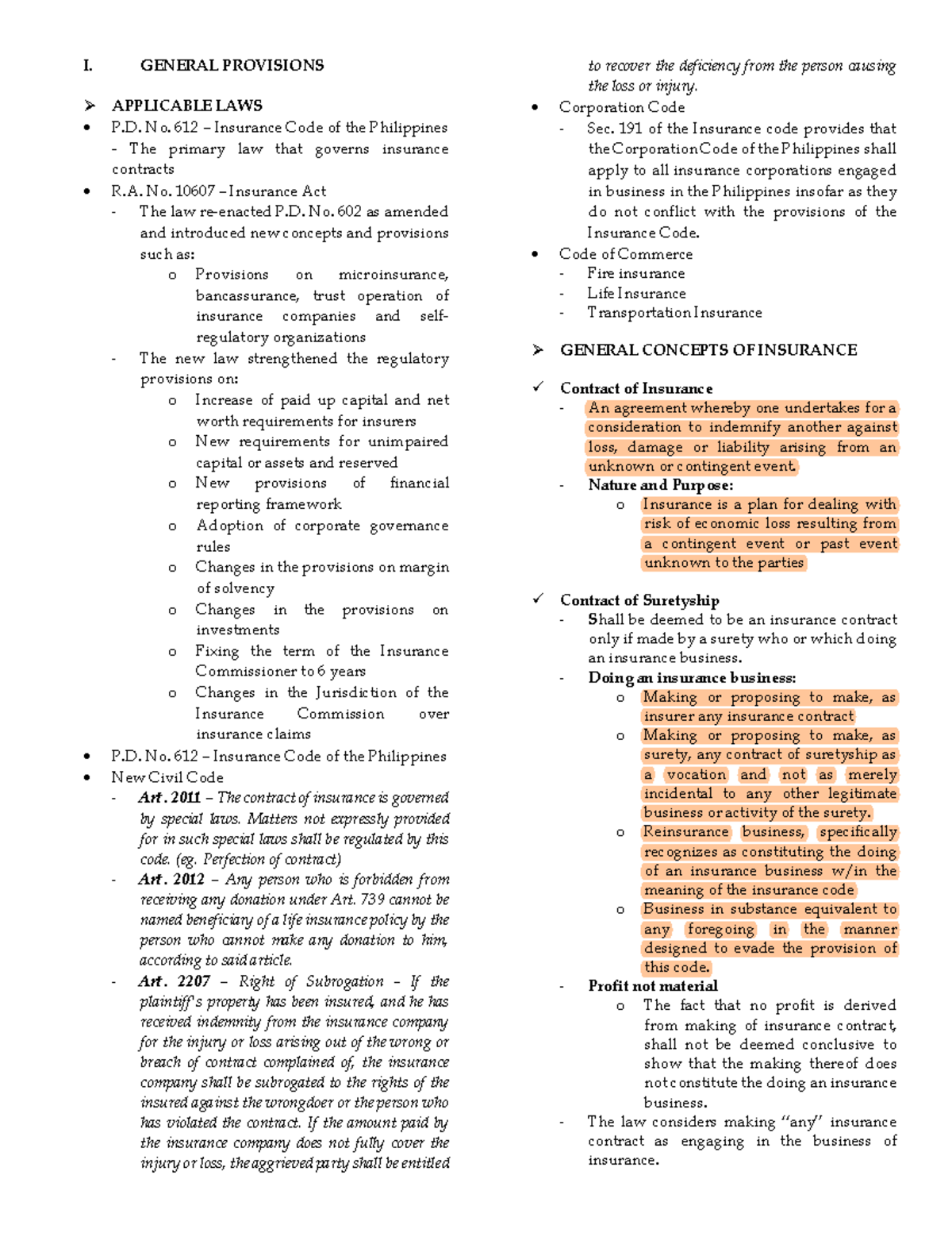 Chapter 1 Notes: General Provisions of the Insurance Code (P.D. No. 612 ...