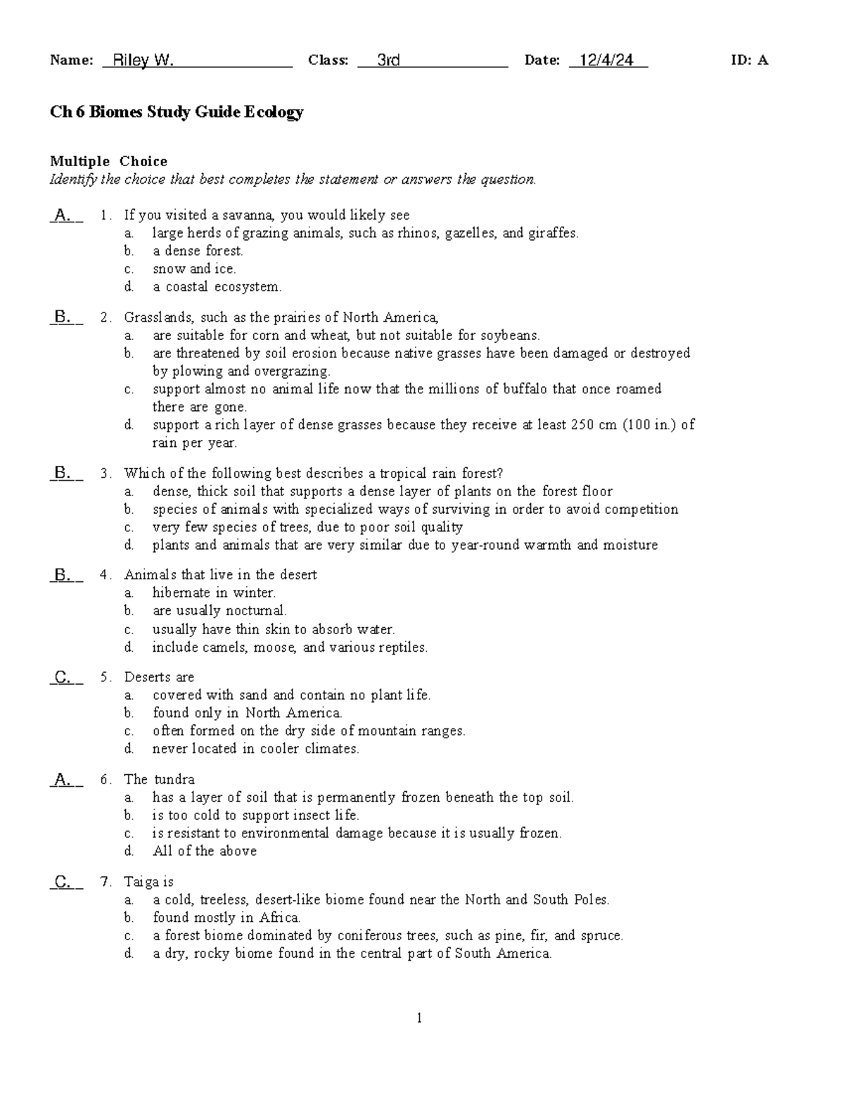 Riley Walker - Ch 6 Study Guide-Biomes - Name ...