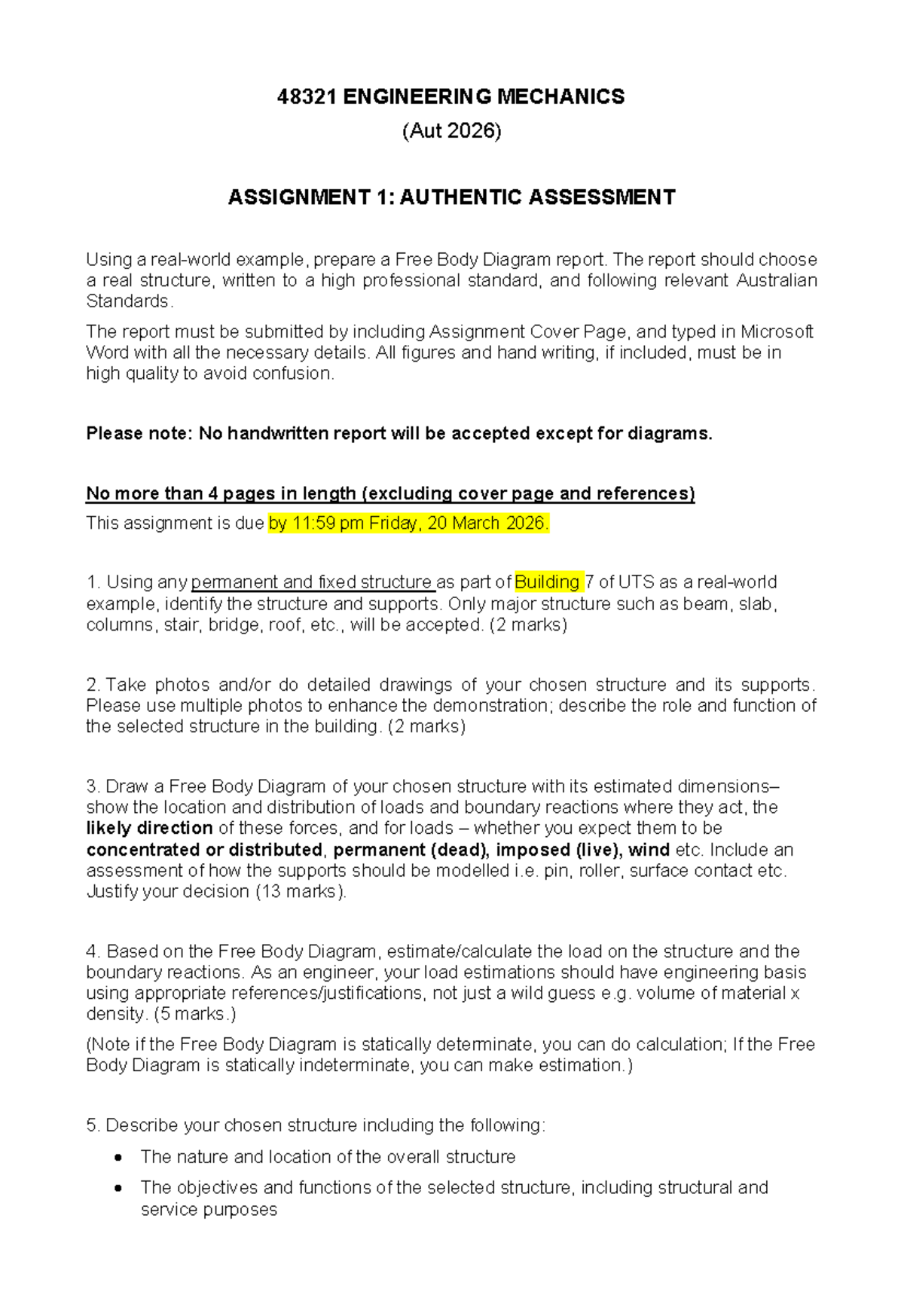 48321 Engineering Mechanics Assignment 1: Free Body Diagram Report ...