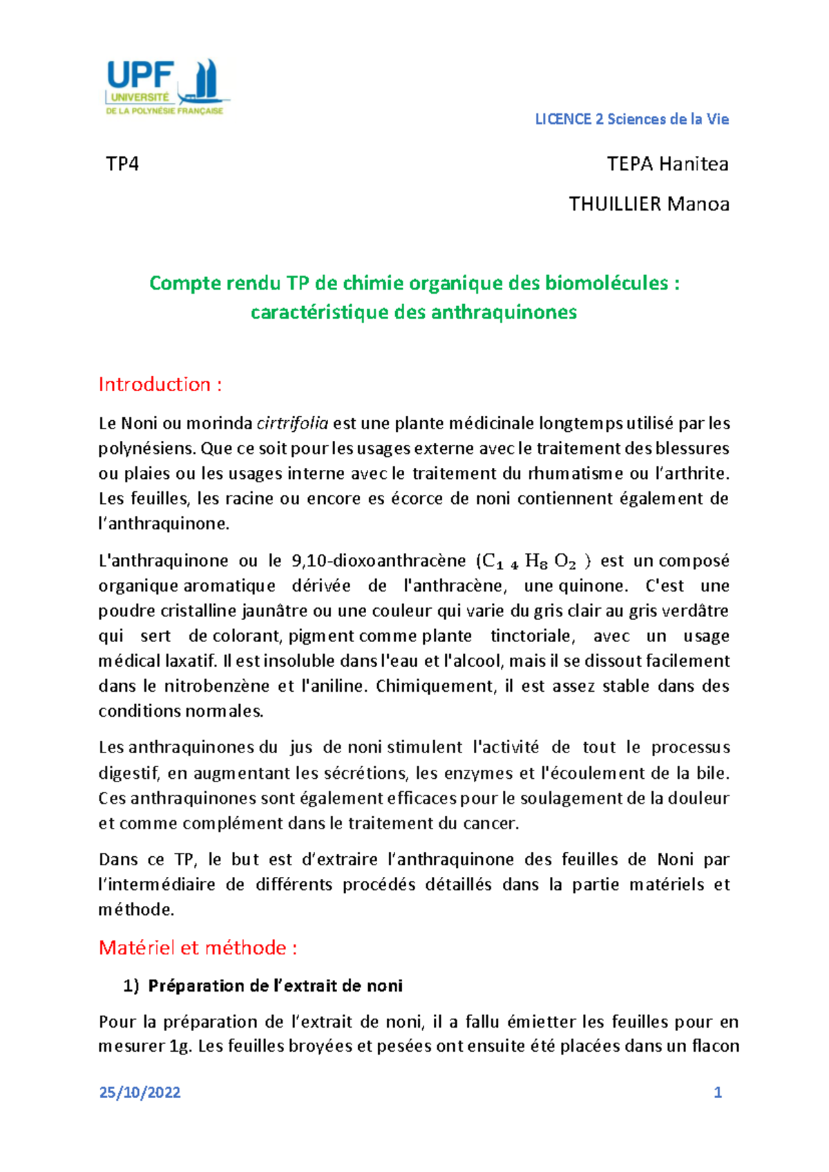 TP4 TEPA: Extraction des anthraquinones du Noni en chimie organique ...